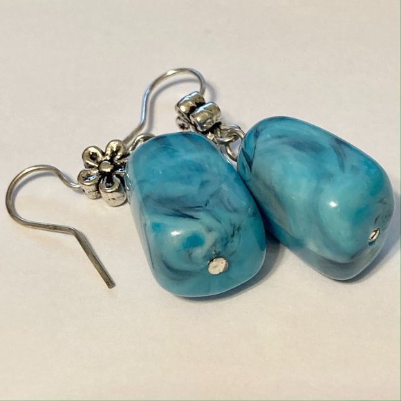 Aqua Turquoise Art Bead Earrings Acrylic Swirl Silver Plated Flowers Boho - Picture 5 of 11
